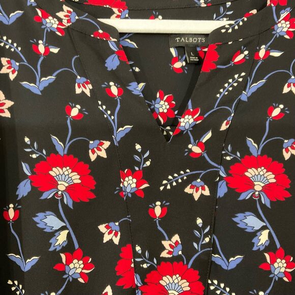 Talbots Top Women’s L Shirt Blouse V Neck Short Sleeve Floral Black Red Work - Picture 2 of 8